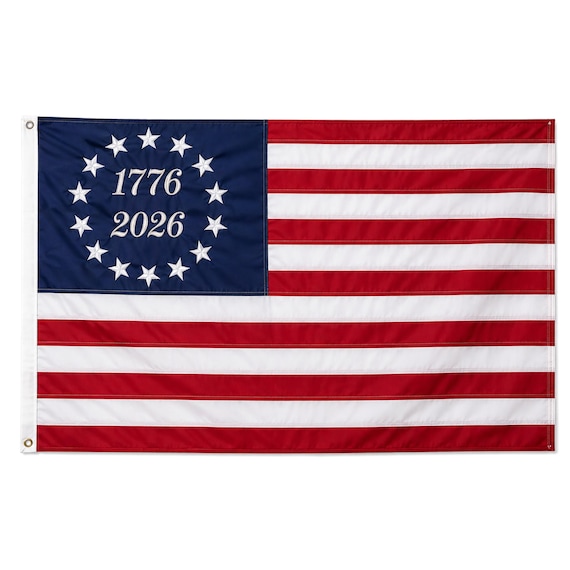 PromoPatriot 250th Anniversary Flag 3x5ft Embroidered 400D Nylon- Brass Grommets, Header- Betsy Ross Display
