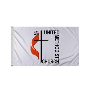 May include: White flag with a black and red logo. The logo features a flame, a cross, and the text "The United Methodist Church".