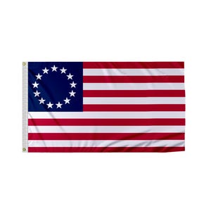 May include: A flag with thirteen red and white stripes and a blue canton with a circle of thirteen white stars. This is the flag of the United States of America as it appeared from 1777 to 1795.