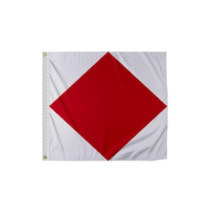 May include: A white nautical flag with a large red diamond in the center.