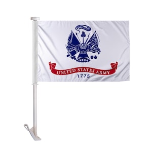 May include: A white flag with the United States Army emblem in blue and a red banner that reads "UNITED STATES ARMY 1775." The flag is mounted on a white pole with a clip for attachment.