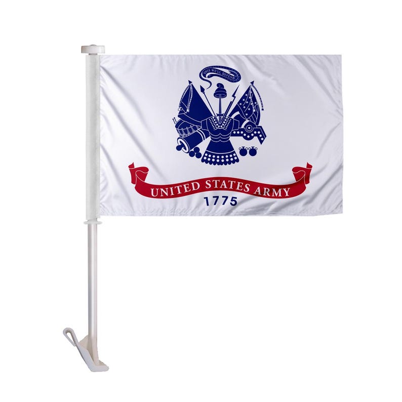 May include: A white flag with the United States Army emblem in blue and a red banner that reads "UNITED STATES ARMY 1775." The flag is mounted on a white pole with a clip for attachment.