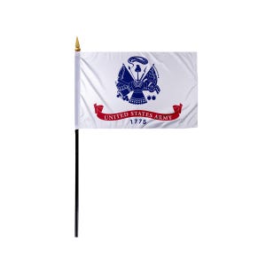 May include: A white United States Army flag with a blue emblem and red banner that reads "UNITED STATES ARMY 1775". The flag is mounted on a black pole with a gold-colored top.