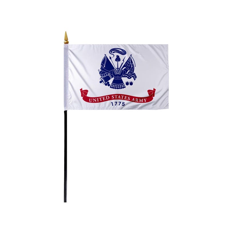 May include: A white United States Army flag with a blue emblem and red banner that reads "UNITED STATES ARMY 1775". The flag is mounted on a black pole with a gold-colored top.