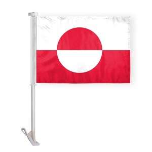May include: A white car flag with a red and white circle design. The circle is divided in half, with the top half red and the bottom half white. The flag is attached to a white pole.