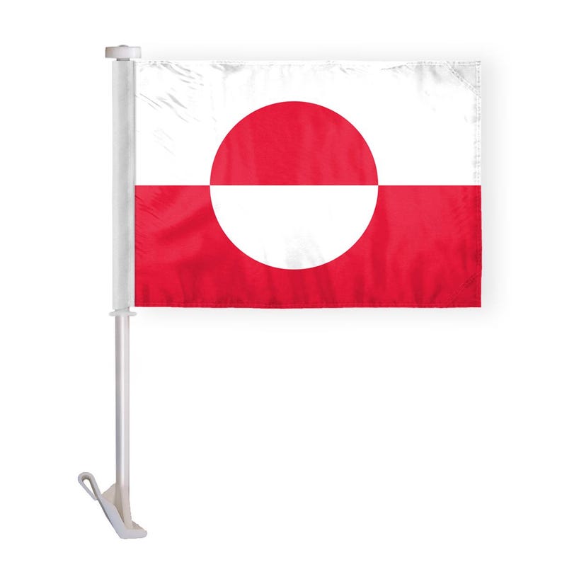 May include: A white car flag with a red and white circle design. The circle is divided in half, with the top half red and the bottom half white. The flag is attached to a white pole.