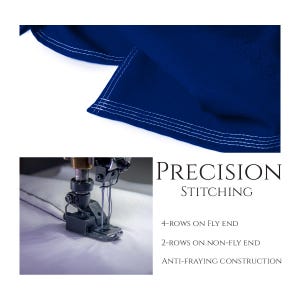 May include: Close-up of a sewing machine needle stitching a white fabric. The image shows the precision stitching with 4 rows on the fly end and 2 rows on the non-fly end. The text "PRECISION STITCHING" is displayed above the image, along with the details "4-ROWS ON FLY END", "2-ROWS ON NON-FLY END", and "ANTI-FRAYING CONSTRUCTION".