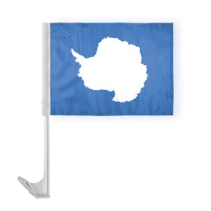 May include: A blue car flag with a white outline of the continent of Antarctica. The flag is attached to a silver car flagpole.