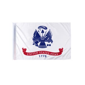 May include: White United States Army flag featuring the official emblem in blue, with a red banner that reads "UNITED STATES ARMY 1775". The flag is rectangular and has a pole sleeve on the left side.