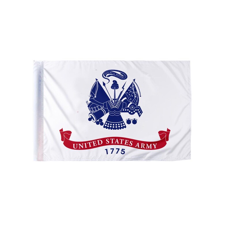 May include: White United States Army flag featuring the official emblem in blue, with a red banner that reads "UNITED STATES ARMY 1775". The flag is rectangular and has a pole sleeve on the left side.
