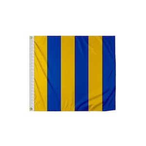 May include: A yellow and blue striped flag. The flag has five alternating stripes of yellow and blue.