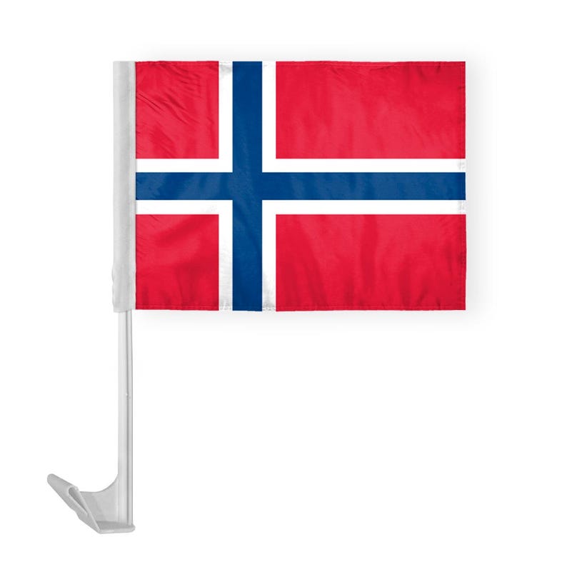 May include: A car window flag with the Norwegian flag design. The flag is red with a blue cross and white trim.