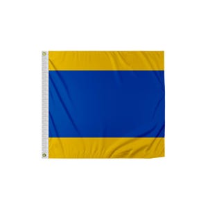 May include: A blue and yellow nautical signal flag. The flag is made of fabric and has a white border.