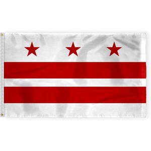 May include: A white flag with three red stars and three red horizontal stripes. The flag is the official flag of Washington, D.C.