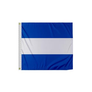 May include: A blue and white flag with a white horizontal stripe in the middle. The flag is made of fabric and has a slight wave to it.