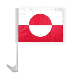 May include: A white car flag with a red and white circle design. The circle is red on the top half and white on the bottom half. The flag is attached to a white pole.