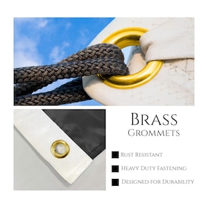 May include: Close-up of a black flag with brass grommets. The grommets are rust resistant, heavy duty, and designed for durability.  BRASS GROMMETS