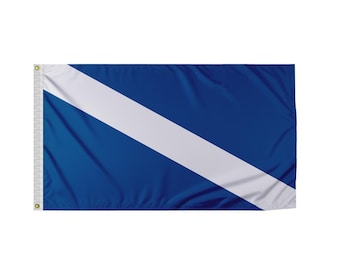 May include: A blue flag with a white diagonal stripe running from the top left corner to the bottom right corner.