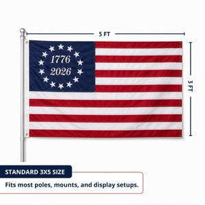 May include: A 3x5 foot flag with a blue canton featuring 13 stars encircling the dates 1776 and 2026. The flag has 13 alternating red and white stripes. The text "STANDARD 3X5 SIZE" and "Fits most poles, mounts, and display setups." are also visible.