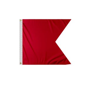 May include: A red triangular flag with a white border and a gold grommet. The flag is made of a soft, lightweight fabric and is perfect for use as a signal flag or a decorative accent.