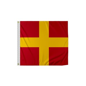 May include: A red flag with a large yellow cross in the center. The cross divides the flag into four equal sections.