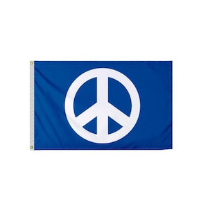 May include: A blue flag with a white peace sign in the center.