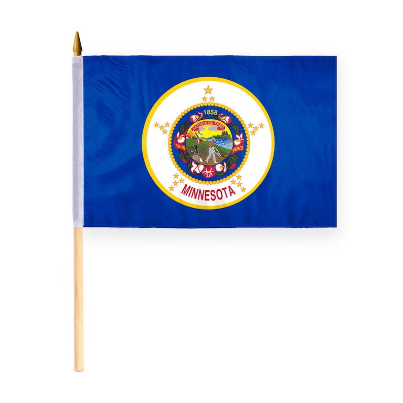 May include: A blue Minnesota state flag with a gold seal featuring a white star and the words "L'ETOILE DU NORD" and "1858" in a circle. The seal also includes a depiction of a farmer plowing a field. The words "MINNESOTA" are printed in gold below the seal.