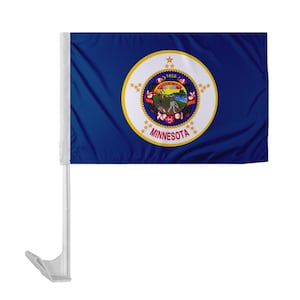 May include: A blue car flag with the state seal of Minnesota. The seal features a white circle with a gold outline and a gold star at the top. Inside the circle is a depiction of a farmer plowing a field, with a gristmill in the background. The words "1858" and "MINNESOTA" are written in gold letters.