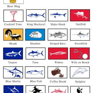 May include: A chart with 16 colorful squares, each containing a different image and text. The images include a beer mug, a cocktail glass, a skunk, a rabbit, a striped bass, a swordfish, a tarpon, a tuna, a wahoo, a wife on board flag, a blue marlin, a blue fish, a coffee pot, a dolphin, a white marlin, a witch, an albacore, and a battle axe. The text below each image identifies the image.