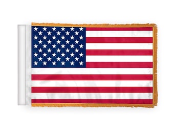 USA Car Antenna Flag Topper with Gold Fringe -4"x6" and 12"x18" American Flag, Polyester, Perfect for Cars, Parades & Patriotic Display