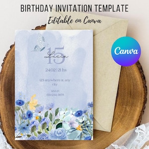 Floral Birthday Invitation, Wildflower Party Invite for Women, Elegant Editable Canva Template, Instant Download Printable