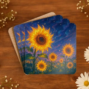 Coaster Set, Sunflower Anime Style, Cute Corkwood Coasters, Decorative Drink Coasters, Fantasy Flower Coasters, Table Protector Coasters