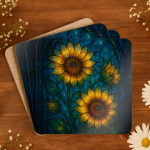 Coaster Set, Sunflower Corkwood Coasters, Stained Glass Art Coaster Set, Drink Coasters, Kitchen Decor, Housewarming Gift