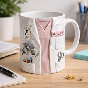 May include: White ceramic mug designed to resemble an optometrist's lab coat, with a pink top, a name tag reading "DR. LUCIA", and a pocket with scissors. The mug also features an eye chart and a trial frame.