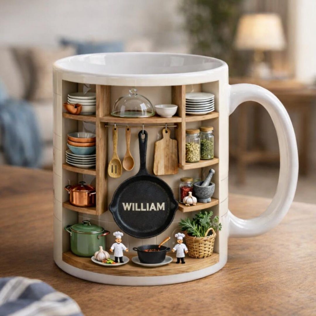 kitchen art personalized prints - utensils, cups,... Personalized Chef Mug, Custom Name Kitchen Coffee Cup, 3D Cooking Shelf ...