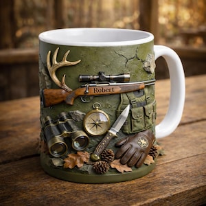 Personalized Hunting Mug for Dad, Custom Name Hunter Coffee Cup, Outdoor Rifle Gift for Him, Father’s Day Sportsman Mug