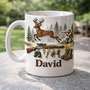 Personalized Hunting Mug, Custom Name Hunter Coffee Cup, Deer Rifle Outdoor Gift for Dad Husband