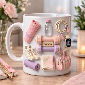 May include: White ceramic mug decorated with fitness-themed embellishments. Includes a pink yoga mat, dumbbells, a water bottle, a jump rope, trainers, a towel, a gym bag, and a smartwatch. The mug has the name "Anna" on it.