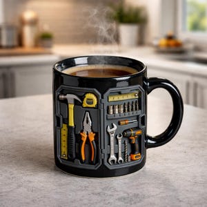 May include: Black ceramic coffee mug with a toolbox design. The mug features a 3D relief of various tools, including a hammer, pliers, and a drill. The mug is filled with hot coffee, and steam rises from the top.