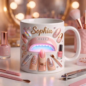 May include: White ceramic mug with the name "Sophia" in gold script. The mug is decorated with nail art designs, a pink nail lamp, and nail polish bottles. The background includes makeup brushes and nail tools.