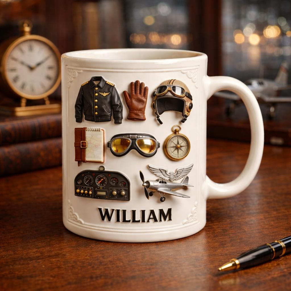 Discover Personalized Pilot Mug, Custom Aviator Name Coffee Cup, Vintage Airplane Gift for Him