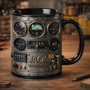 Könnte beinhalten: Schwarze und metallfarbene Keramiktasse mit Steampunk-Design. Die Tasse zeigt verschiedene Messgeräte, Zifferblätter und den Text "JACK ENGINEER". Der Griff und das Innere der Tasse sind schwarz. Die Tasse ist wie eine industrielle Schalttafel gestaltet.