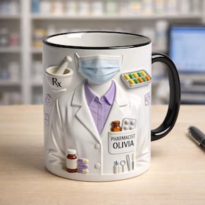 May include: White ceramic mug with a black handle, featuring a pharmacist design. The mug includes a mortar and pestle, pills, a face mask, and the name "OLIVIA" on the pocket. The mug has a black rim and a white interior.