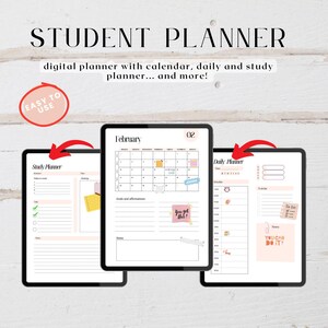 May include: A digital student planner with three tabs: Study Planner, February Calendar, and Daily Planner. Each tab has a pink and white color scheme with motivational quotes and stickers. The calendar is for February and the daily planner has sections for schedule, to-do list, and notes.