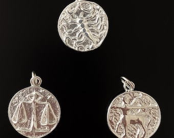 Sterling Silver Zodiac Pendants, Horoscope Charm, Astrology Amulet, Constellation Medallion, Vintage Coin Design