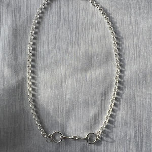 May include: A silver chain necklace with a silver horse bit pendant.