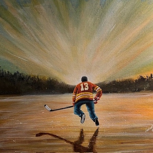 Dans le soleil couchant - Johnny Gaudreau - Johnny Hockey - peinture originale - tenture murale - Flames de Calgary - LNH