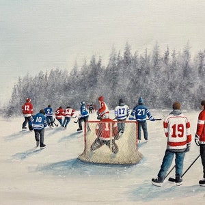 May include: An oil painting showing a hockey match on a frozen lake. Players in red and blue jerseys with numbers are positioned around the net. A goalie in red stands in front of the net. A snowy forest is in the background.
