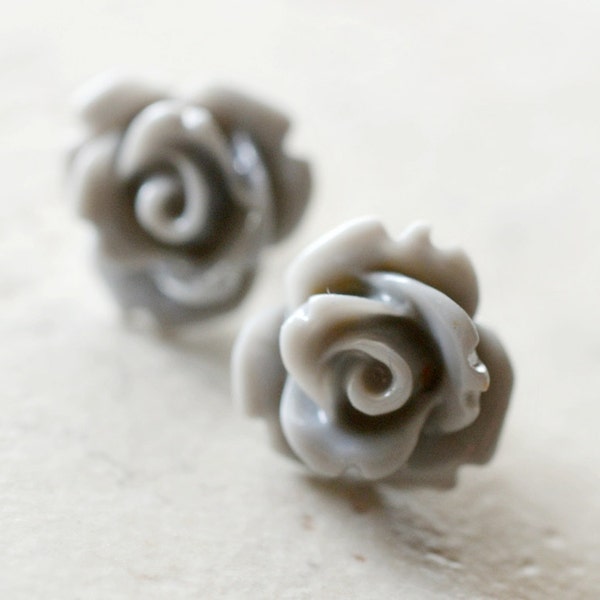 Gray Rose Earrings, Neutral Grey Earrings, Retro Jewelry, Cottage Chic Jewelry, Vintage Style Jewelry, Simple Flower Posts, The Rosie Medium