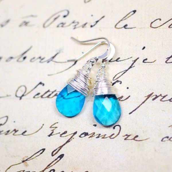 Aquamarine Blue Wire Wrapped Glass Earrings / Simple Light Blue Briolette Jewelry / Ocean Blue Jewelry / Beach Earrings / Aqua, Turquoise